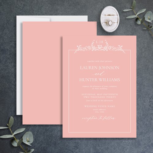Blush Pink Floral Border Monogram Wedding Invitation