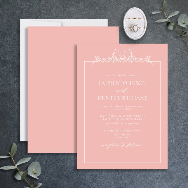 Blush Pink Floral Border Monogram Wedding Invitation (Creator Uploaded)