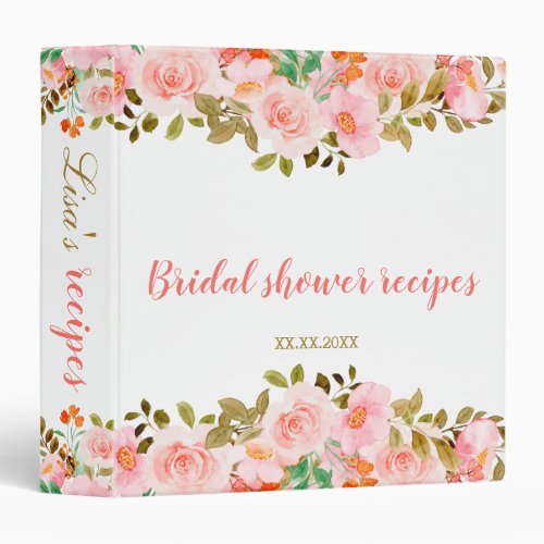 Blush Pink Floral Botanical Bridal Shower Recipe 3 Ring Binder