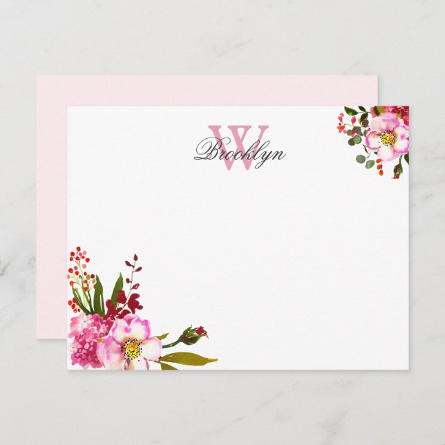 Blush Pink Floral Botanical Monogrammed Note Card (Front/Back)