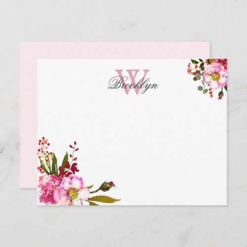 Blush Pink Floral Botanical Monogrammed Note Card