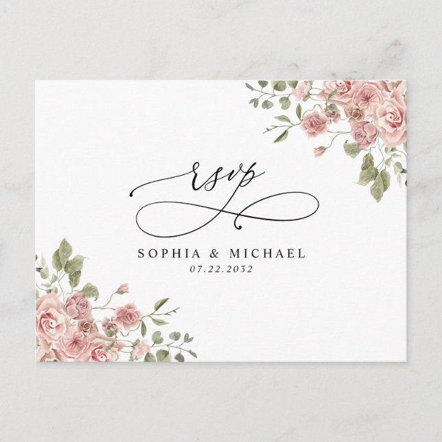 Blush Pink Floral Botanical Wedding Enclosure RSVP Postcard (Front)