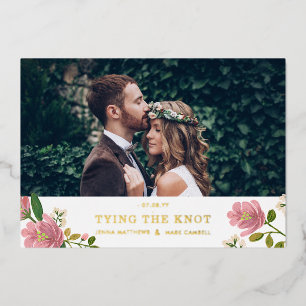 Blush Pink Floral Bouquet and Gold Save the Date Foil Invitation
