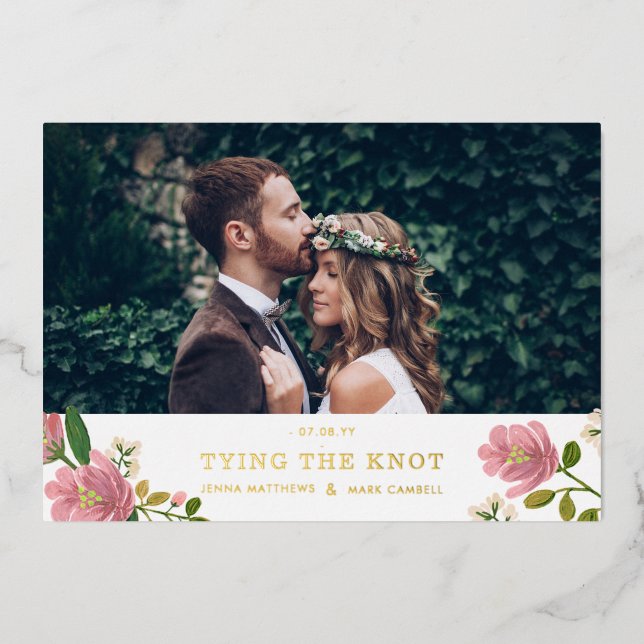 Blush Pink Floral Bouquet and Gold Save the Date Foil Invitation (Front)