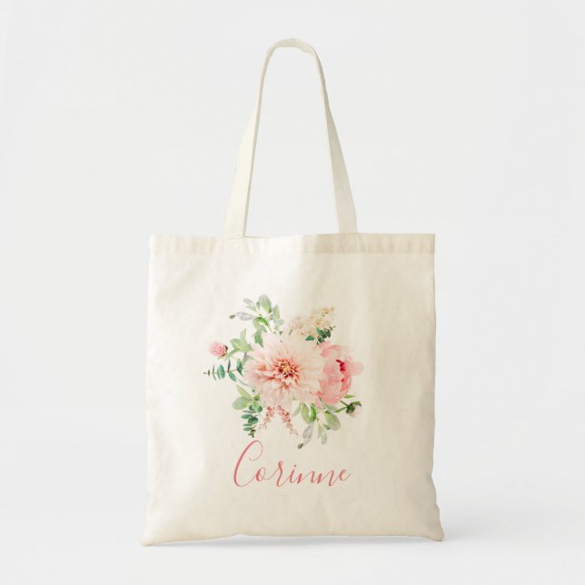 Blush Pink Floral Bouquet Bridesmaid Tote Bag (Front)
