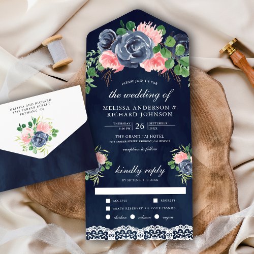 Blush Pink Floral Bouquet Lace Navy Blue Wedding All In One Invitation