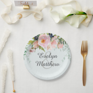 Blush Pink Floral Bouquet on Blue Bridal Shower Paper Plates