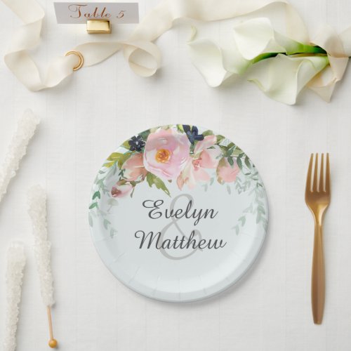 Blush Pink Floral Bouquet on Blue Bridal Shower Paper Plates