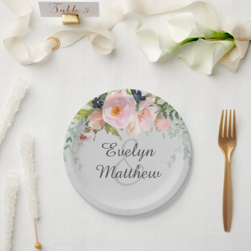 Blush Pink Floral Bouquet on Gray Bridal Shower Paper Plates