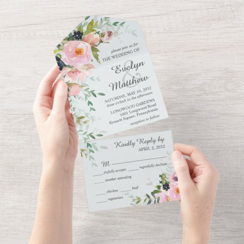 Blush Pink Floral Bouquet on Light Blue Wedding All In One Invitation