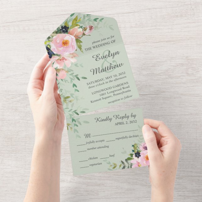 Blush Pink Floral Bouquet on Sage Green Wedding  All In One Invitation (Tearaway)