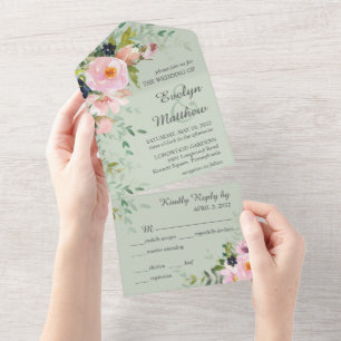 Blush Pink Floral Bouquet on Sage Green Wedding All In One Invitation