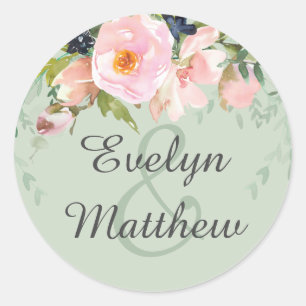 Blush Pink Floral Bouquet on Sage Green Wedding Classic Round Sticker