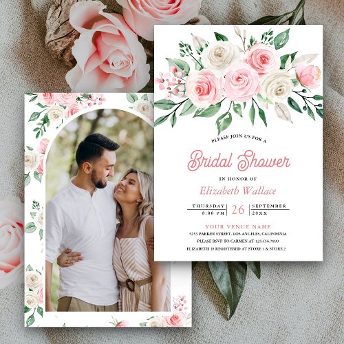 Blush Pink Floral Bouquet Photo Bridal Shower Invitation