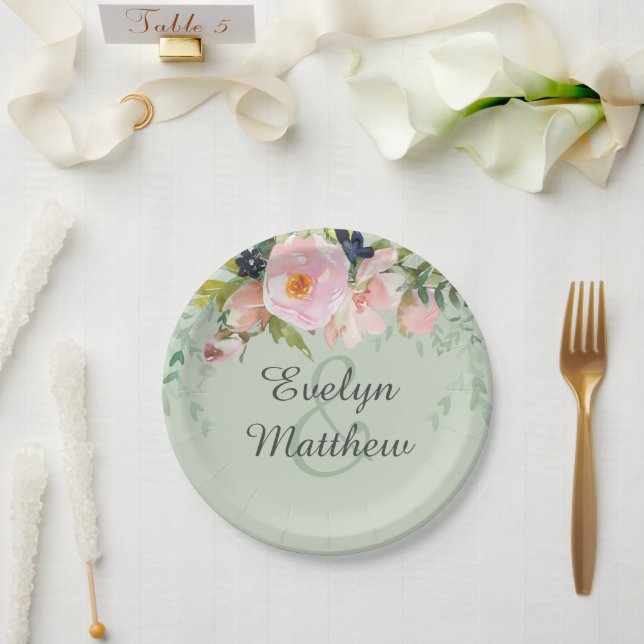 Blush Pink Floral Bouquet Sage Green Bridal Shower Paper Plates (Wedding)