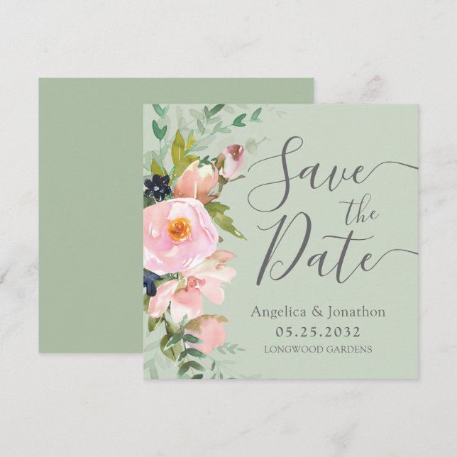 Blush Pink Floral Bouquet Sage Green Save the Date (Front/Back)