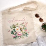 Blush Pink Floral Bouquet Wedding Bridesmaid Name Tote Bag<br><div class="desc">Modern Chic Greenery Watercolor Floral Bridesmaid Tote Bag</div>