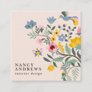 Blush pink floral bouquet whimsical illustration square business card