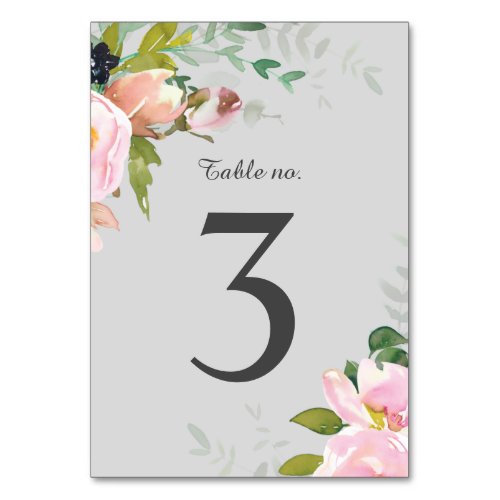 Blush Pink Floral Bouquets Grey Wedding Reception Table Number