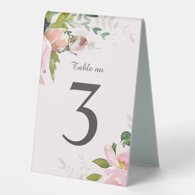 Blush Pink Floral Bouquets Wedding Table Number Tent (Front)
