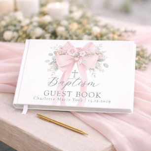 Blush Pink floral Bow Baby girl Baptism Guest Book