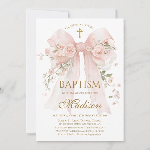 Blush Pink Floral Bow Baptism Elegant invitation