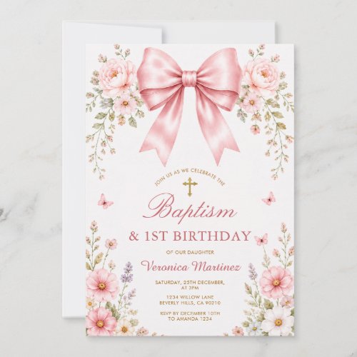 Blush Pink Floral Bow Baptism &amp; First Birthday Invitation