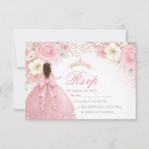 Blush Pink Floral Bow Girl Quinceañera RSVP Card