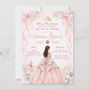 Blush Pink Floral Bow Ribbon Quinceañera Invitation