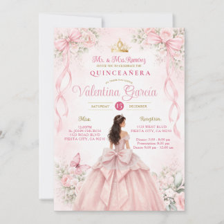 Blush Pink Floral Bow Ribbon Quinceañera Invitation