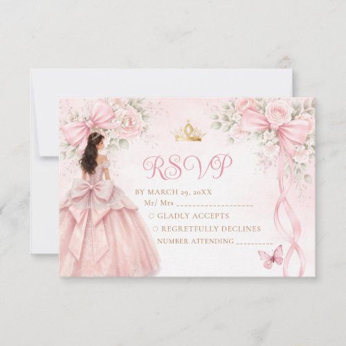 Blush Pink Floral Bow Ribbon Quinceañera RSVP Card