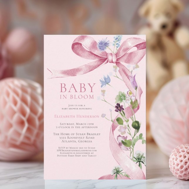 Blush Pink Floral Bow Wildflower Baby Shower Invitation (Creator Uploaded)