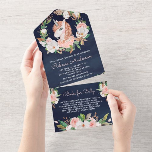 Blush Pink Floral Braided Unicorn Navy Baby Shower All In One Invitation