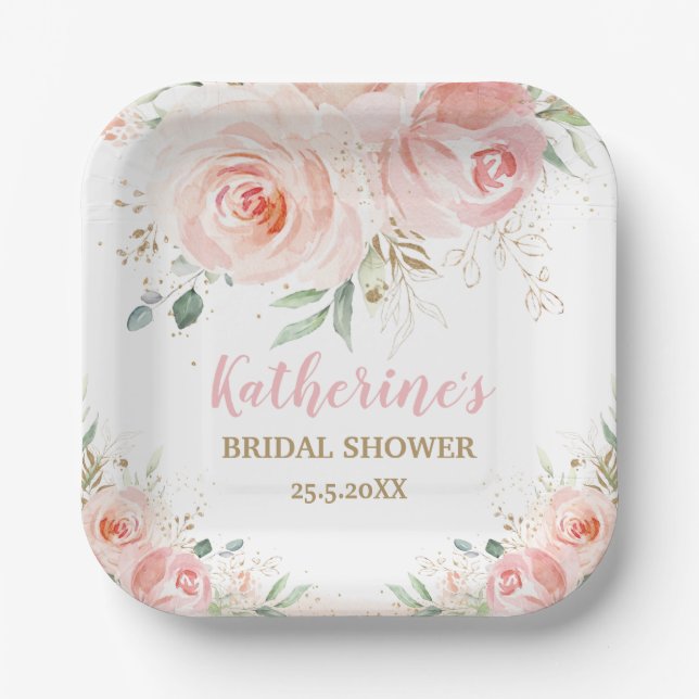 Blush Pink Floral Bridal Baby Shower Birthday Paper Plates (Front)
