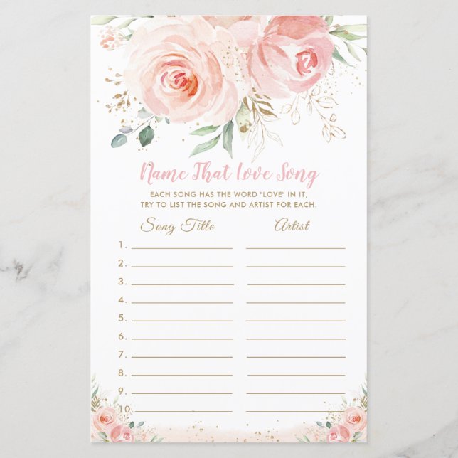 Blush Pink Floral Bridal Name That Love Song Game (Front)