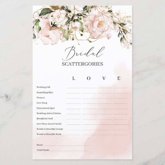 Blush Pink Floral Bridal Scattergories Game Boho (Front)