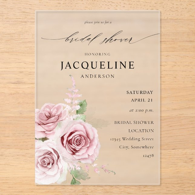 Blush Pink Floral Bridal Shower Acrylic Invitations (Front)