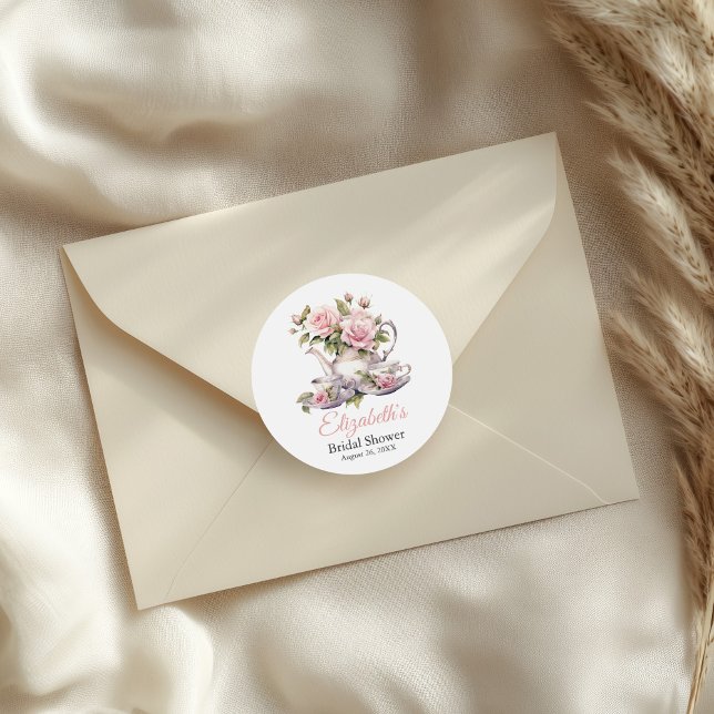 Blush Pink Floral Bridal Shower Favor Sticker (Blush Pink Roses Bridal Shower Tea Brunch Classic Round Sticker on an elegant envelope.)
