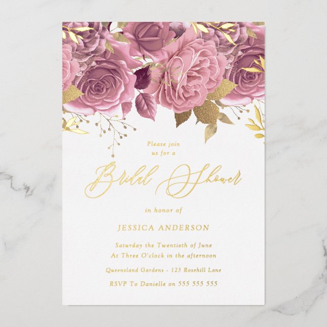 Blush Pink Floral Bridal Shower Gold Foil Invitation (Front)