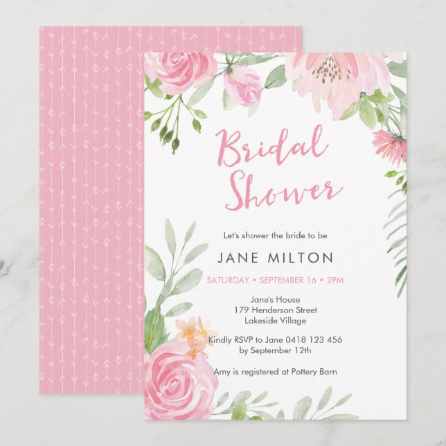 Blush pink floral Bridal Shower Invitation (Front/Back)