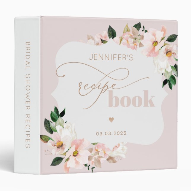 Blush pink floral bridal shower recipe book 3 ring binder (Front/Spine)