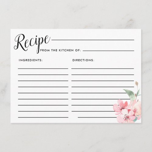 Blush Pink Floral Bridal Shower Recipe Card