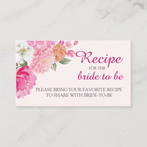 Blush pink Floral Bridal Shower Share A Recipe  Enclosure Card
