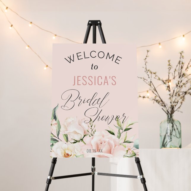 blush pink floral bridal shower welcome sign (In Situ (Stand))
