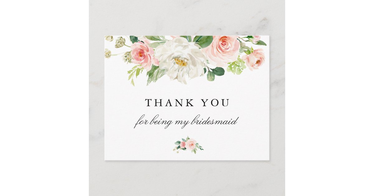 Blush pink floral bridesmaid thank you card | Zazzle