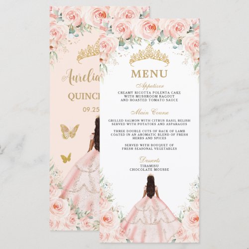 Blush Pink Floral Brown Princess Quinceañera Menu