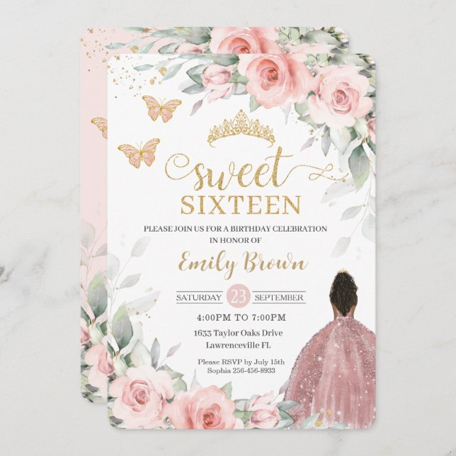 Blush Pink Floral Brown Princess Sweet Sixteen Invitation (Front/Back)