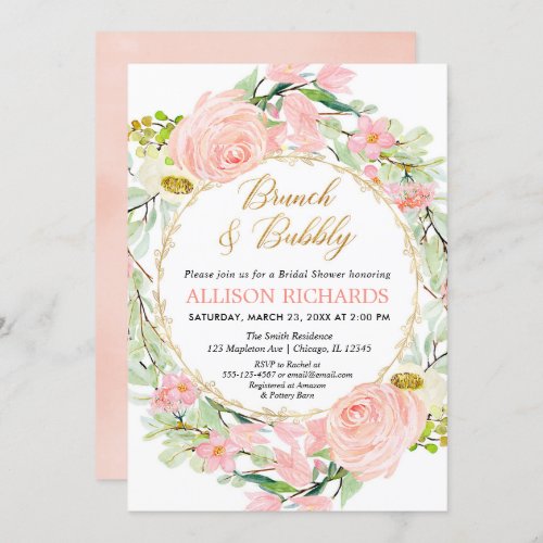 Blush pink floral Brunch and Bubbly Bridal Shower Invitation