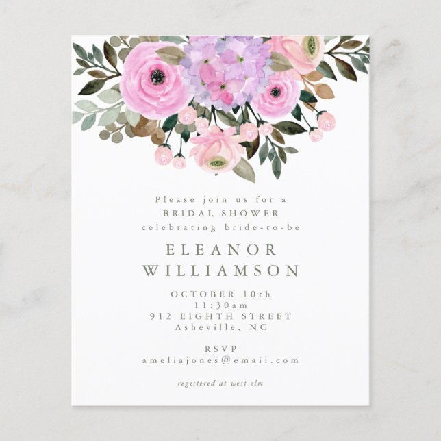 Blush Pink Floral Budget Bridal Shower Invitation (Front)