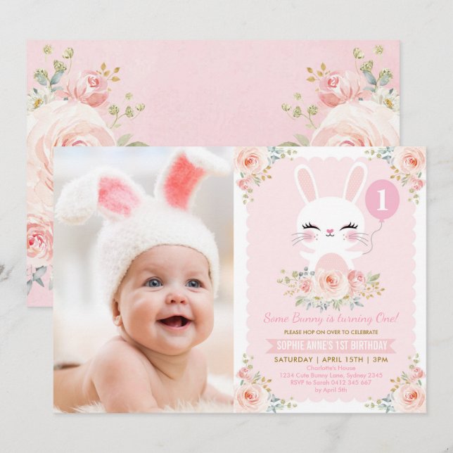 Blush Pink Floral Bunny Rabbit 1st Birthday Party Invitation (Front/Back)